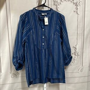 GAP cotton popover stripe bib front blouse 3/4 sleeves blue & white small top